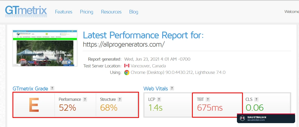 GTmetrix performance report for allprogenerators.com