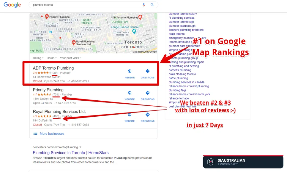Google map pack showing the client at position one for plumber searches