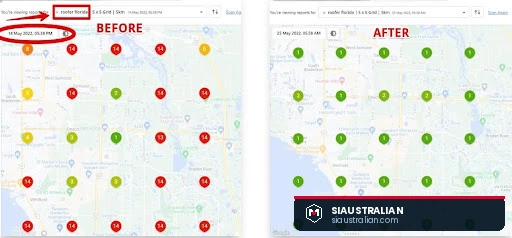Local rank grid before and after, red pins turning green across the service area